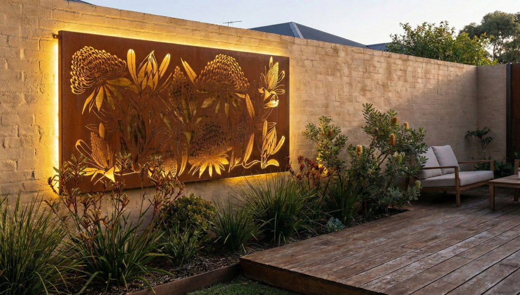 Waratahs Panel in Cor-Ten Steel -outdoor setting backlit