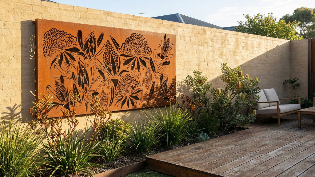 Waratahs Panel in Cor-Ten Steel -outdoor setting.